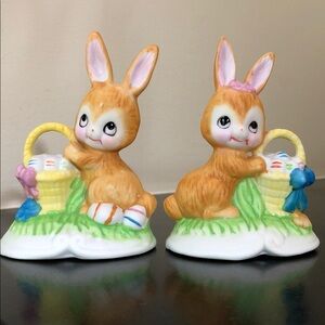 FLAMBRO Vintage Porcelain Easter Bunny Figurines w/ Baskets of Eggs -Set of 2
